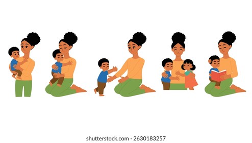 collection of black beautiful mother holding her boy, black mother hug child, holding baby boy, reading book before bedtime character illustration