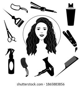 Colección de herramientas para el cuidado del cabello de belleza negra y mujeres jóvenes. Iconos aislados sobre fondo blanco. Cuidado del cabello con el logotipo.