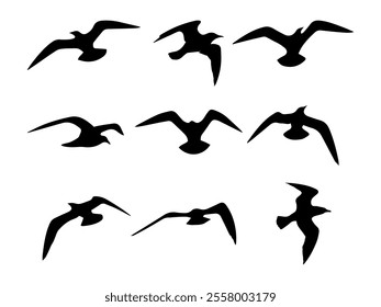 A collection of black bird flight silhouettes in vector art, featuring dynamic wing poses and graceful movements, ideal for artistic designs and nature-inspired projects.