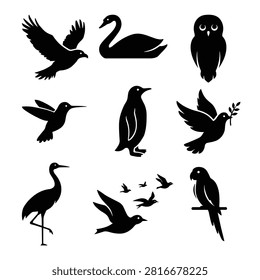 Collection of black bird silhouettes including a swan, owl, hummingbird, penguin, dove with olive branch, crane, parrot, and a flock of flying birds.