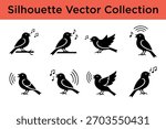 A collection of black bird silhouettes, some with musical notes or sound waves, representing singing or chirping birds. Ideal for nature, music, or communication themes.