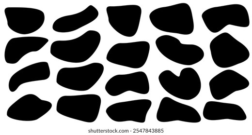 Colección de conjunto orgánico en forma de mancha negra. Forma mínima aleatoria irregular de la mancha en el fondo blanco.