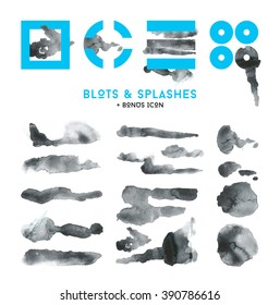 Collection of black blots,ink splashes and bonus blue logo.Hand drawn design elements, logo,watercolor spalshes,blots.Trendy contemporary, hipster style.Vector illustration.Isolated on white
