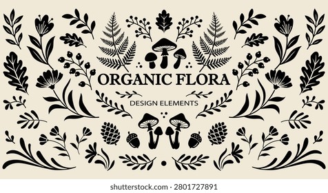 A collection of black botanical elements including leaves, flowers, berries, mushrooms, pinecones, and acorns, arranged symmetrically with text.