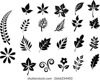 Coleção de desenhos de silhuetas botânicas pretas com folhas e elementos florais.
