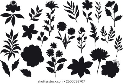 A collection of black botanical silhouettes featuring various flowers, leaves, and branches on a white background, vector illustration