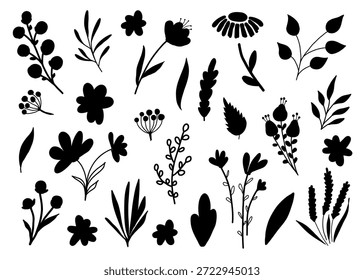Una colección de siluetas botánicas negras con una variedad de flores, hojas, subgrupos y plantas dibujadas a mano.