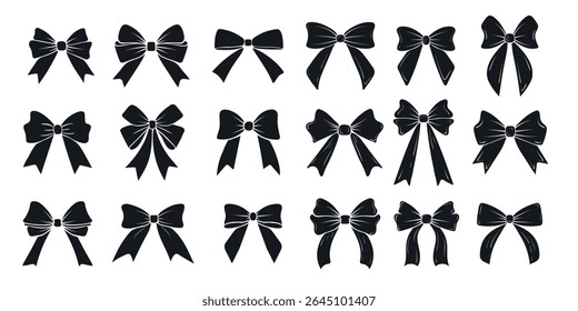 collection of black bows silhouettes. Seat of different ribbon bows for crafting, scrapbooking, gift wrapping designs, or digital invitations.
