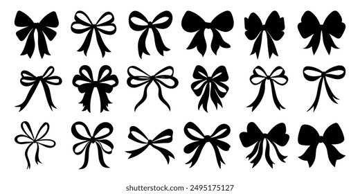 A collection of black bows with varying sizes and shapes. The bows are all black and have a simple, elegant design. Scene is one of sophistication and grace