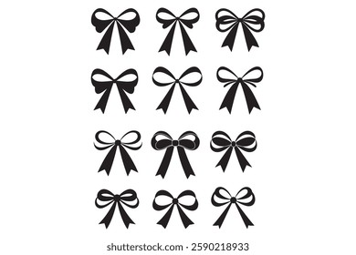 A collection of black bows with varying sizes and shapes. The bows are all black and have a simple, elegant design. Scene is one of sophistication and grace