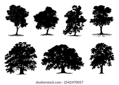 Colección Negro Rama Árbol y raíz o árboles desnudos siluetas. Dibujado a mano ilustraciones aisladas. Árbol y raíces estilo LOGO.