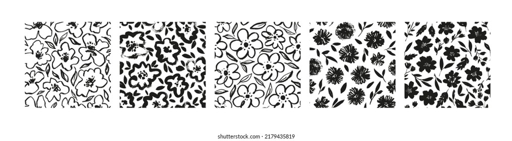 Collection of black brush flowers seamless patterns. Hand drawn monochrome floral motives. Spring vector seamless pattern. Botanical ornaments with chamomiles, daisy, peony and different others buds