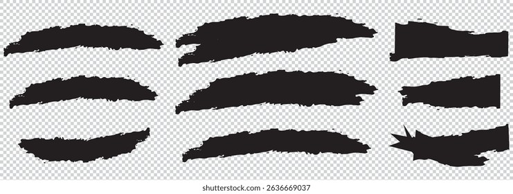 Collection of black brush strokes in different shapes isolated on transparent background Vector illustration EPS 10