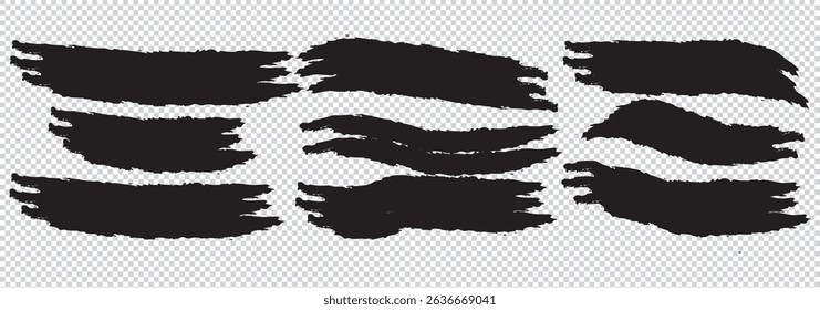 Collection of black brush strokes in different shapes isolated on transparent background Vector illustration EPS 10
