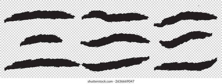 Collection of black brush strokes in different shapes isolated on transparent background Vector illustration EPS 10