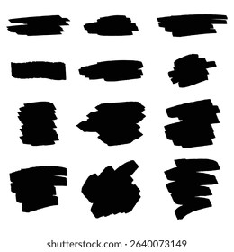 Collection of black brush strokes in various shapes Hand painted texture elements for artistic design and decoration