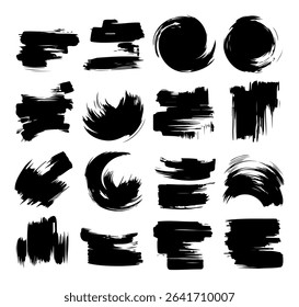 Collection of black brush strokes with various shapes isolated on white background