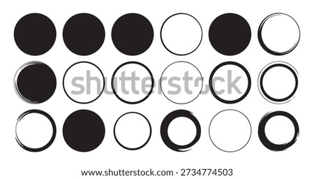 Collection of black brush strokes, various round and solid shapes, thin, thick, and grunge outlines