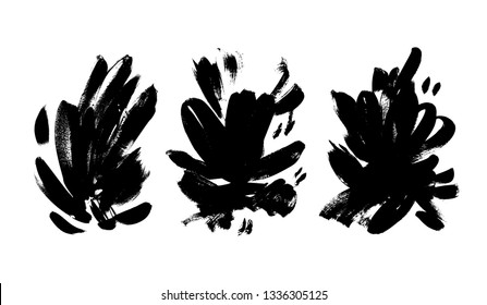 Collection of black brushstrokes hand drawn vector illustrations. Abstract freehand drawing. Floral dry paint brush texture. Grunge isolated clipart. Greeting card, postcard, textile monochrome design