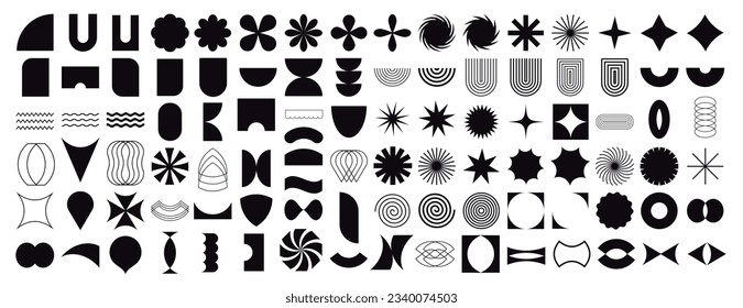 Collection of black brutal contemporary elements spiral flower star oval circle and other shapes. Abstract minimal geometric elements shapes and grids set. Brutalist design. Vector illustration