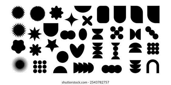 Collection of black brutal contemporary elements flower star oval circle heart and other shapes. Abstract geometric Y2K Brutalist colorful shapes inspired by Bauhaus and Memphis design. vector