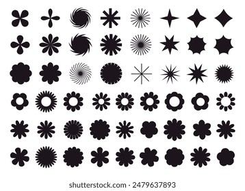 Collection of black brutal contemporary figure spiral flower star and other elements. Abstract minimal geometric elements shapes and grids set. Brutalist design. Vector illustration