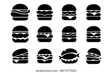 Collection of black burger icons, various layers and styles, fast food symbols, hamburger and cheeseburger, isolated on white.