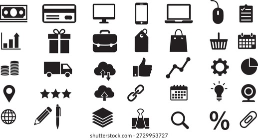 Collection of black business and e commerce icons on white background including shopping finance and productivity symbols