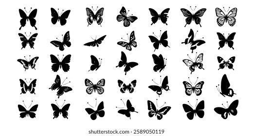 Collection Black Butterfly Silhouettes in High Resolution Vector Format, Featuring Various Butterfly Designs for Logos, Tattoos, Stickers, Decals, Art, Graphic Design on a White Background