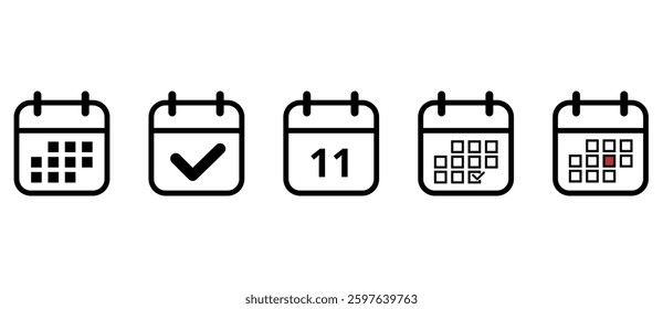 Collection of black calendar icons in openwork outline on transparent background for websites and graphic resources, calendar icon with specific day marked, day 11.