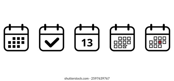 Collection of black calendar icons in openwork outline on transparent background for websites and graphic resources, calendar icon with specific day marked, day 13.