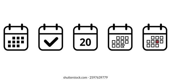 Collection of black calendar icons in openwork outline on transparent background for websites and graphic resources, calendar icon with specific day marked, day 20.