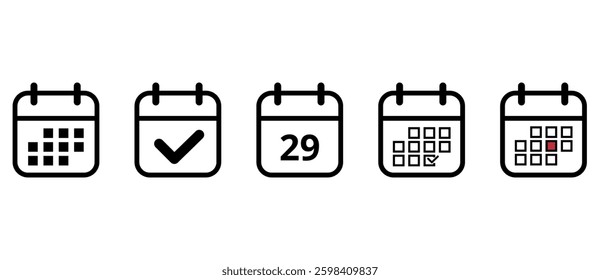 Collection of black calendar icons in openwork outline on transparent background for websites and graphic resources, calendar icon with specific day marked, day 29.