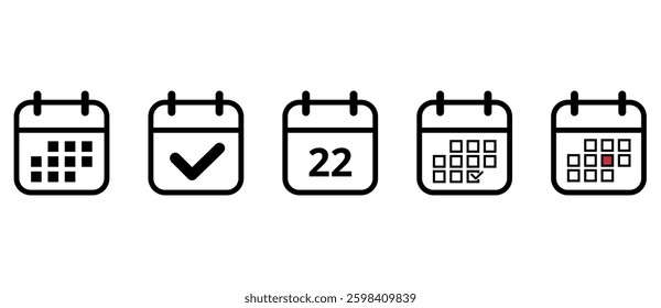 Collection of black calendar icons in openwork outline on transparent background for websites and graphic resources, calendar icon with specific day marked, day 22.