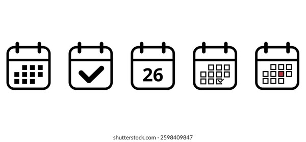 Collection of black calendar icons in openwork outline on transparent background for websites and graphic resources, calendar icon with specific day marked, day 26.