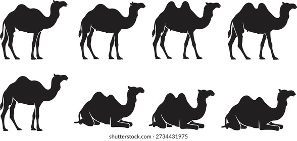 Una colección de siluetas de camello negro en diferentes posiciones de pie y sentado
