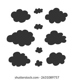 Collection of black cartoon-style clouds vector illustration. Playful cloud shapes in various sizes on a white background.