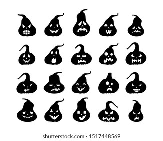 Collection of black carved pumpkin design. Halloween holiday icon set. Collection of different pumpkin emotion. 