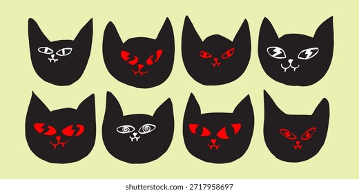 Collection of black cat faces with varied expressions on a pale yellow background editable