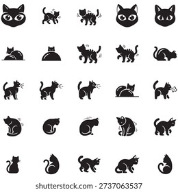 A collection of black cat icons showcasing various poses and actions, including sitting, stretching, and looking.