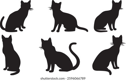 A collection of black cat silhouettes in different poses, perfect for use in design projects, digital art, or crafting. High-quality vector-style illustrations suitable for prints, logos, and creative