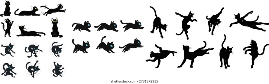 Eine Kollektion von Silhouetten der schwarzen Katze in verschiedenen Posen und Stilen auf weißem Hintergrund. Einige Katzen haben gelbe Augen, andere blaue Augen, die eine Reihe von cartoonischen und stilisierten Aktionen veranschaulichen.