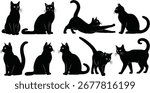 A collection of black cat silhouettes in various poses, including sitting, stretching, and walking. They are all facing different directions.