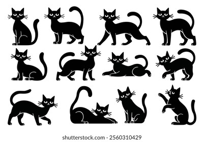 A collection of black cat silhouettes in various dynamic and relaxed poses in vector illustration