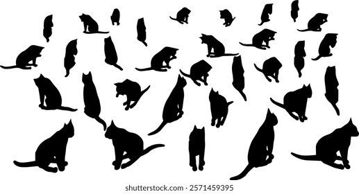 A collection of black cat silhouettes in various poses, featuring sitting, standing, and playful stances, perfect for design, decoration, and creative projects.