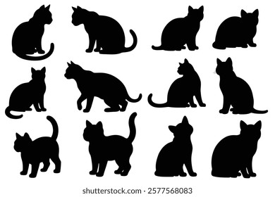 Collection of black cat silhouettes in various poses, perfect for pet-themed designs, logos, decorations, and vector illustrations. Ideal for creative projects, stickers, and graphic design elements.