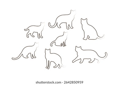 Collection of black cat silhouettes in various poses. Set of black cat silhouette. Kitten silhouette collection isolated on white background