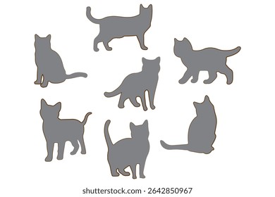 Coleção de silhuetas de gato preto em várias poses. Conjunto de silhueta de gato preto. Coleção de silhuetas de gatinho isolado no fundo branco
