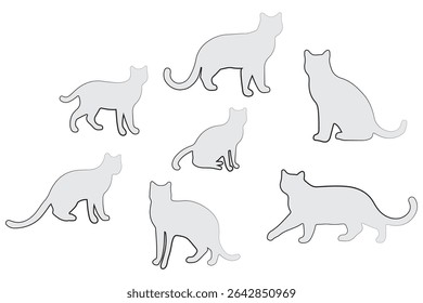 Collection of black cat silhouettes in various poses. Set of black cat silhouette. Kitten silhouette collection isolated on white background