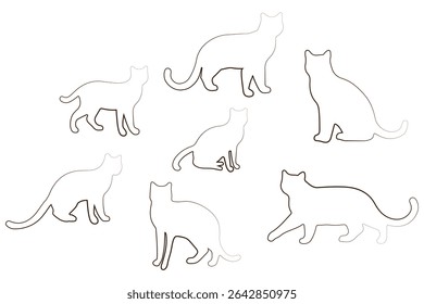 Collection of black cat silhouettes in various poses. Set of black cat silhouette. Kitten silhouette collection isolated on white background